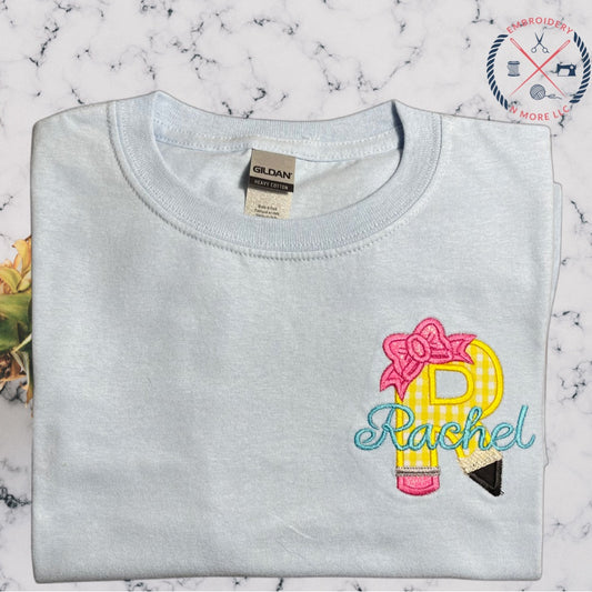 Pencil Initial with Name Applique/ Embroidered T-Shirt