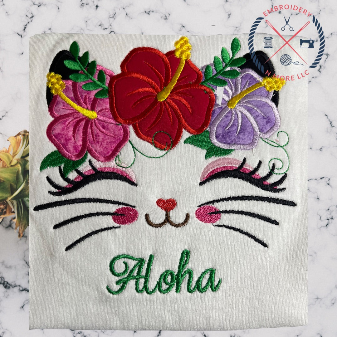 Hawaiian Themed Cat Face with Hibiscus Crown Embroidered/Applique T-Shirt