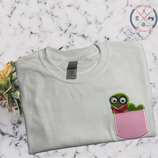 Bookworm Applique/ Embroidered Pocket T-Shirt