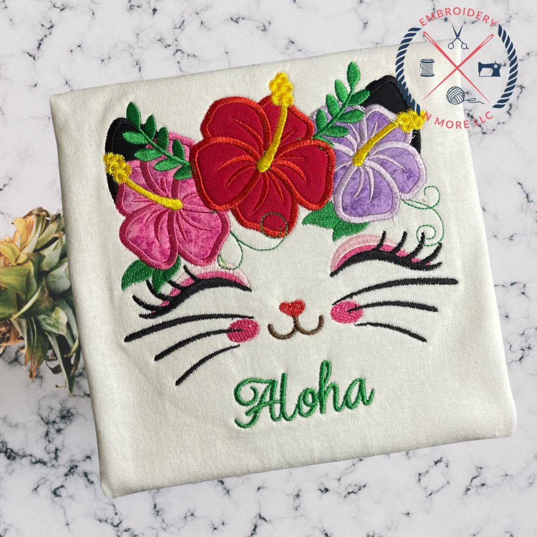 Hawaiian Themed Cat Face with Hibiscus Crown Embroidered/Applique T-Shirt