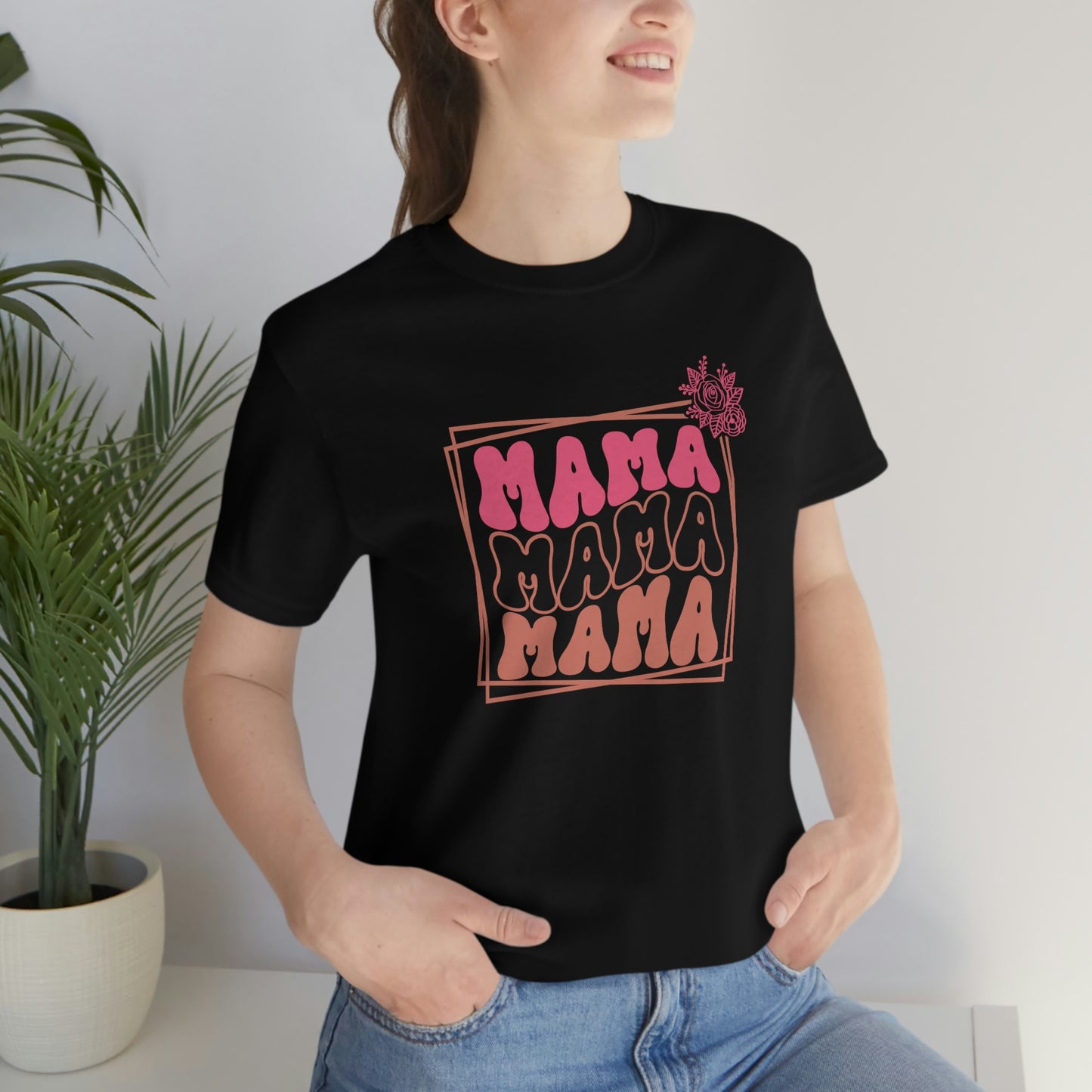 Retro Mama Repeat with Frame and Flower Unisex Jersey Short Sleeve Tee Shirt