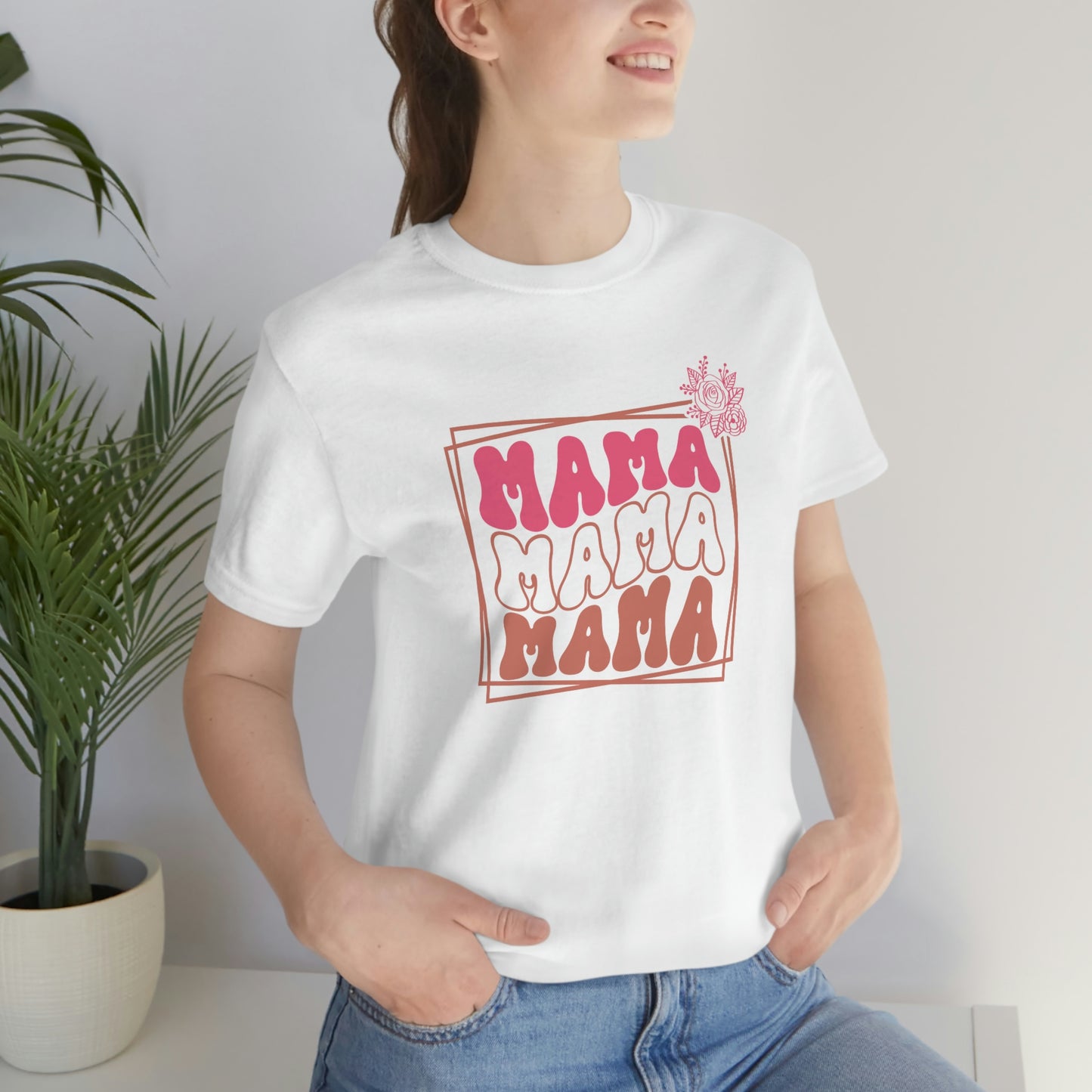 Retro Mama Repeat with Frame and Flower Unisex Jersey Short Sleeve Tee Shirt